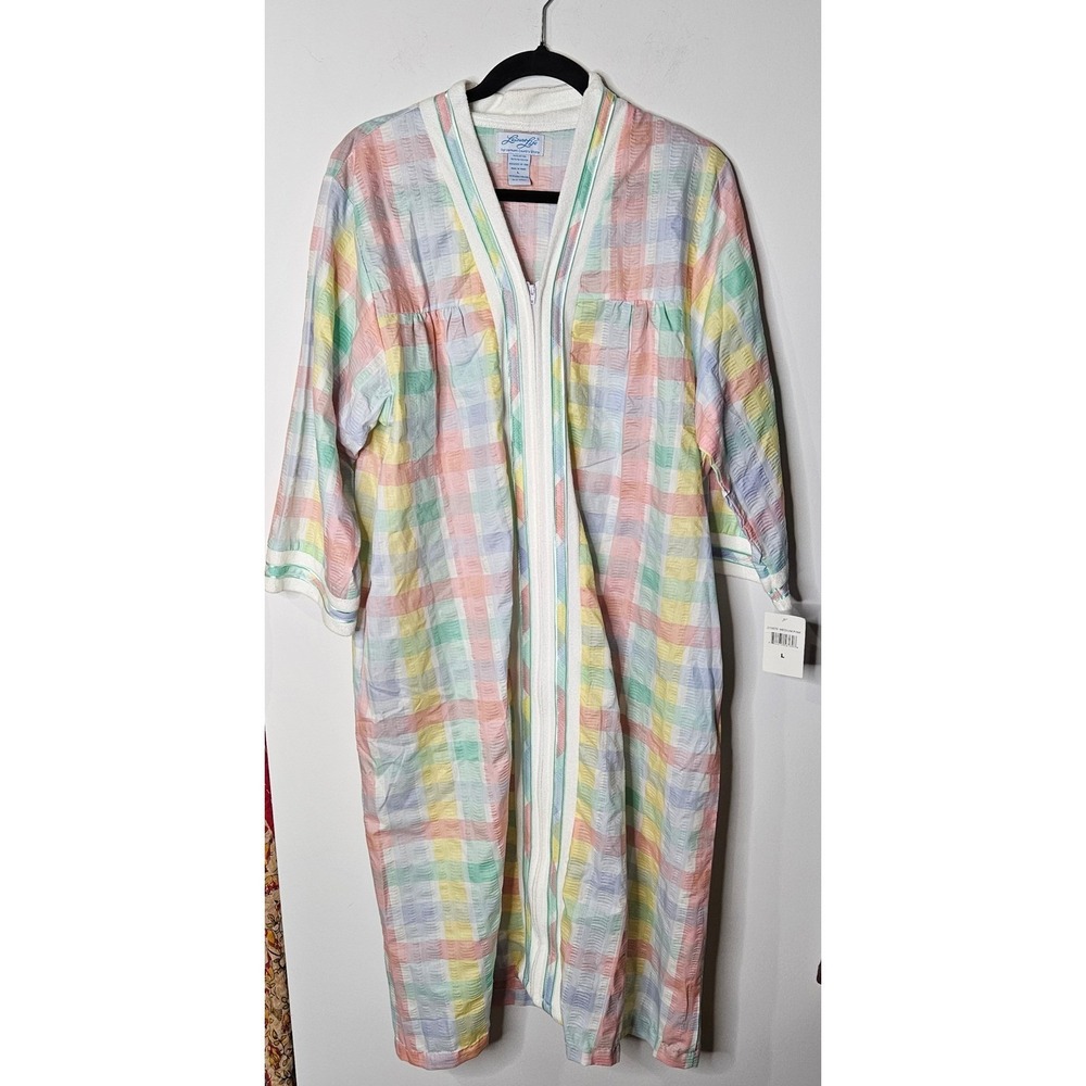 Leisure Life Vermont Country Store Pastel Plaid Seersucker Zip Front‎ Robe L NEW